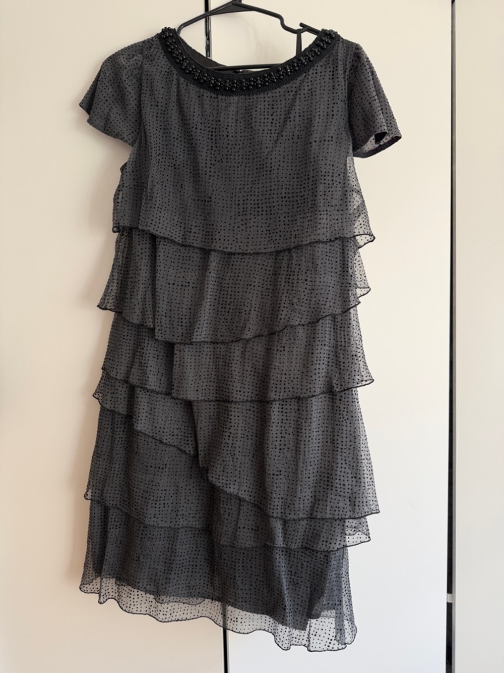 per una Black Tiered Ruffle Midi Dress with Beaded Neckline